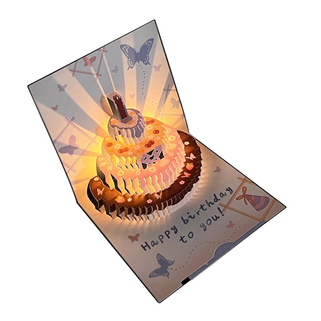 Creative 3D Birthday Card with Popping Up Cake and Butterfly Pattern Light Up Musical Greeting Card Set for Party Gift