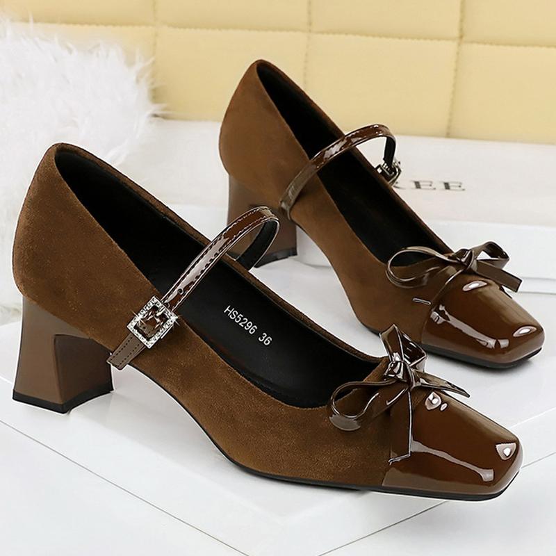 New leopard print Women Pumps bowknot Mary Jane shoes Square Suede Thick Heel Ladies shoes Rhinestone buckle Women heels 5 CM