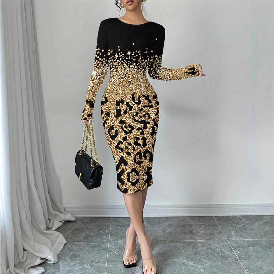 New Autumn Dress Women's Leopard Print Gradient Printed Long Sleeve Midi Dress