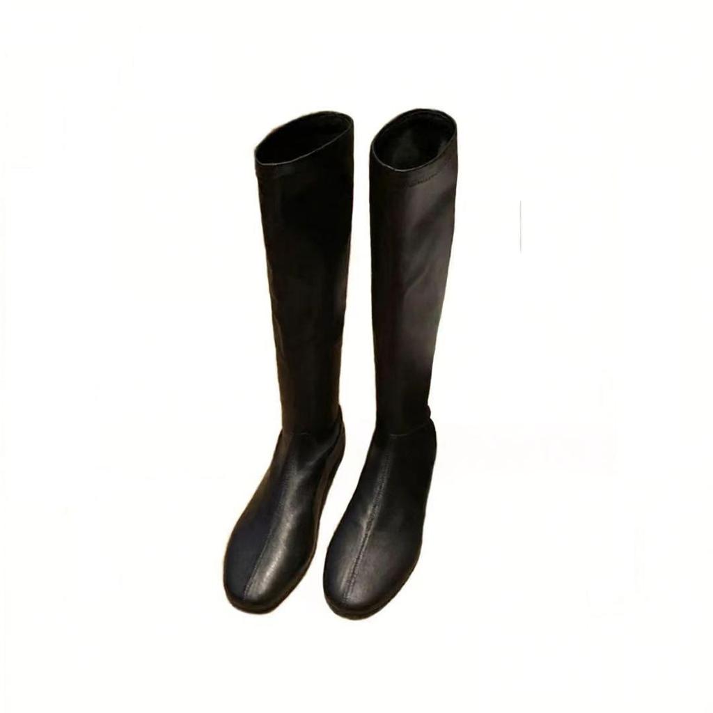 Autumn and winter round head soft leather boots women's black thin tall knight boots fashionable versatile but knee women's boots