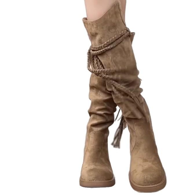 Cowhide Version~ Retro Wasteland Fringed Knight Boots Thick Heel But Knee Long Boots Slim Pile Medium Boots Women