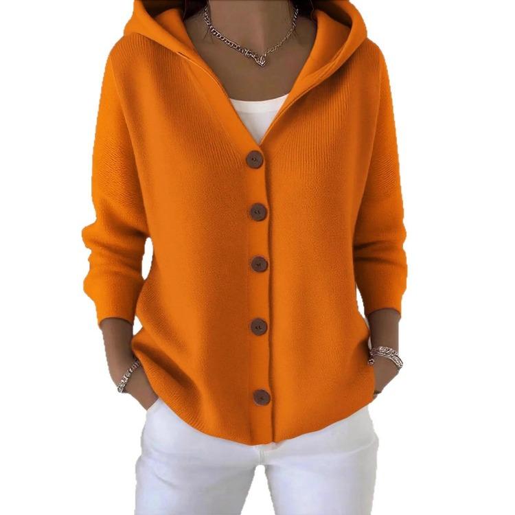 Autumn Winter Knitted Hooded Sweater Cardigan Button Casual Fashion Solid Color Women Wear