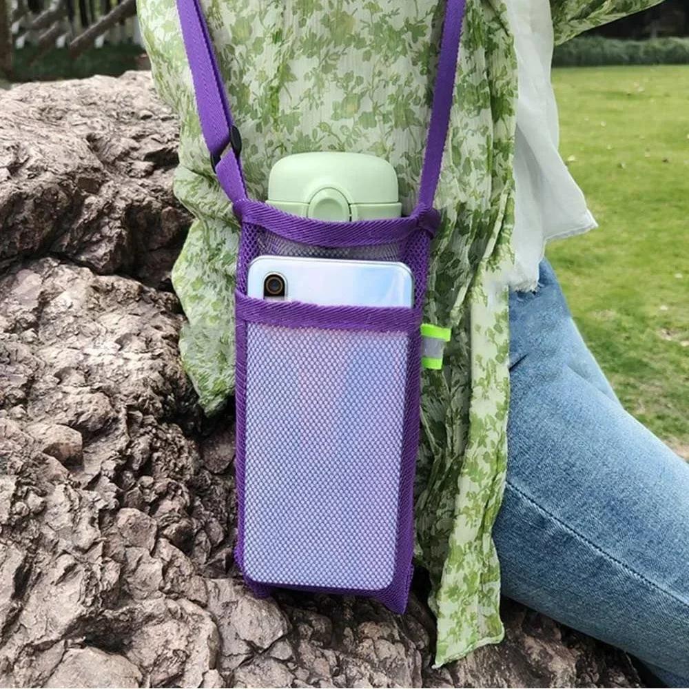 Travel Outdoor Sport Water Bottle Cover Portable Mesh Cup Pouch with Strap Mobile Phone Bag Visible Bag Camping Accessories
