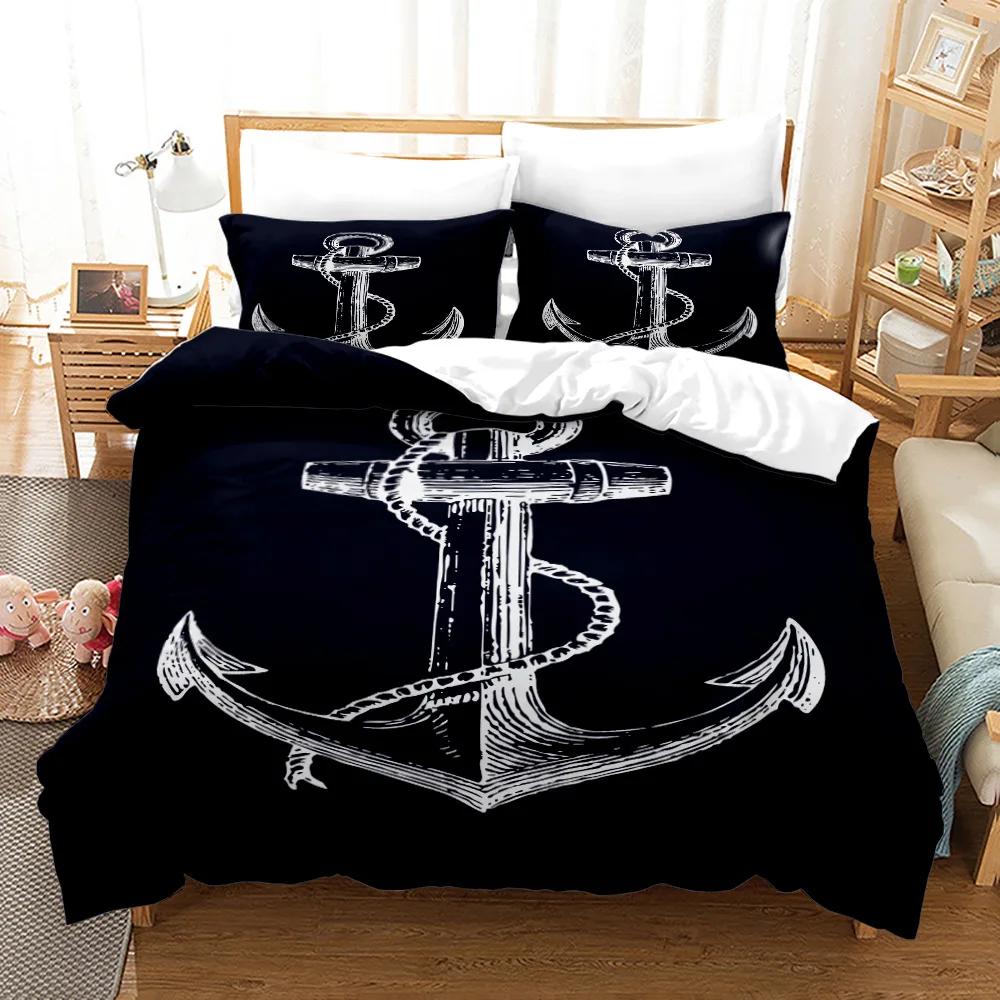 Microfiber Duvet Cover Set For Ship'S Anchor Blue Vertical Bar Comforter Cover Set Mediterranean Style Steering Wheel Comforter