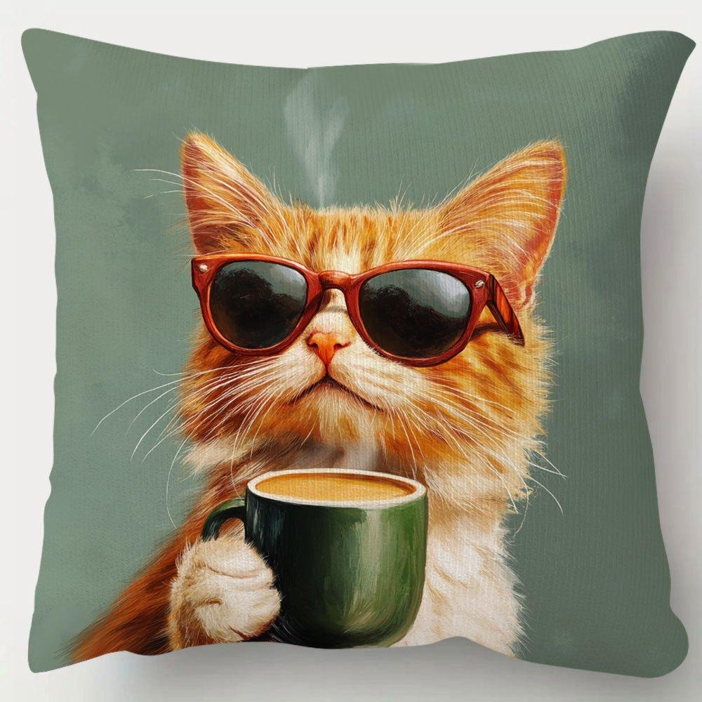 

Cool Cat with Coffee Mug Pillowcase Funny Animal Cushion Cover Hipster Cat Art Decor for Living Room Bedroom Sofa 40cmx40cm