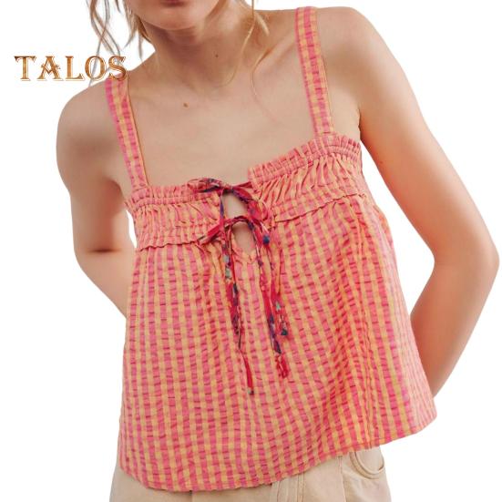 

Сексуальный жилет женский клетчатый принт слинг-топ со шнуровкой свободный крой короткие топы регулируемый жилет с украшением на груди M оранжевый