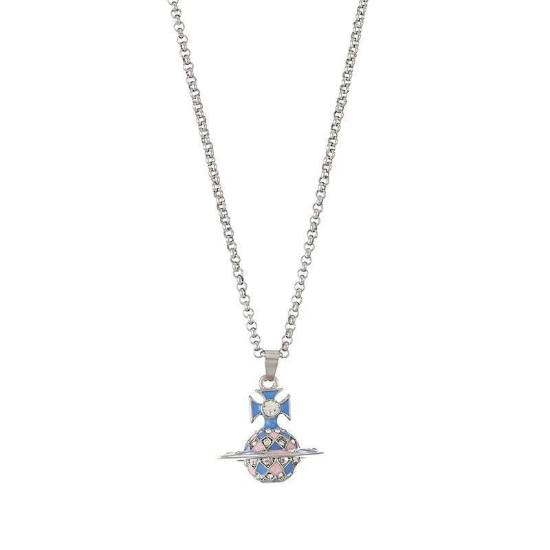 Empress Cixi Blue Pink Saturn Sphere Pendant Diamond Sweater Chain Necklace