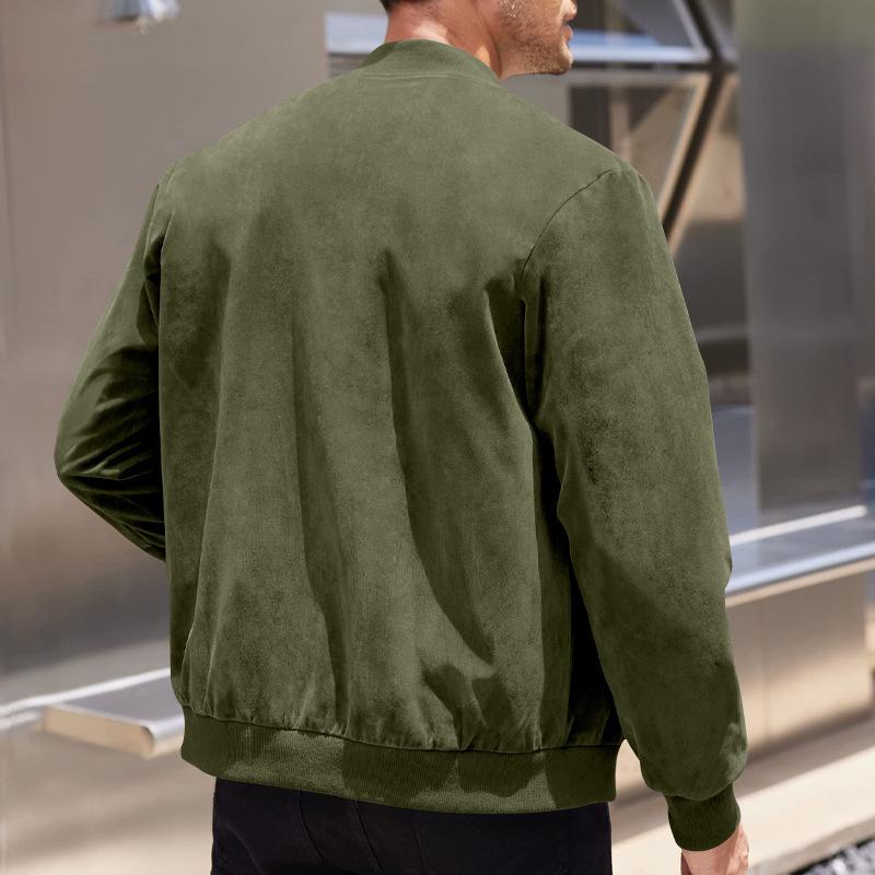Men's Spring/Autumn Suede Zipper Cardigan Jacket with Stand Collar and Patchwork Design