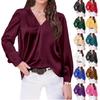 Women's V,Neck Casual Loose Satin Ruched Long Sleeve Work Blouse