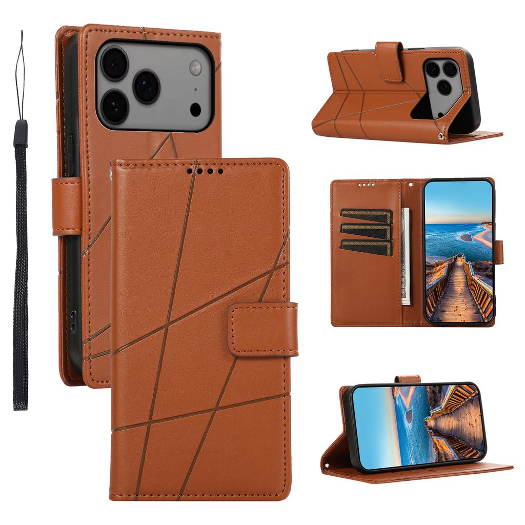 For iPhone 17 Pro Max Phone Case Line Imprint Leather Wallet Cover with Wrist Strap