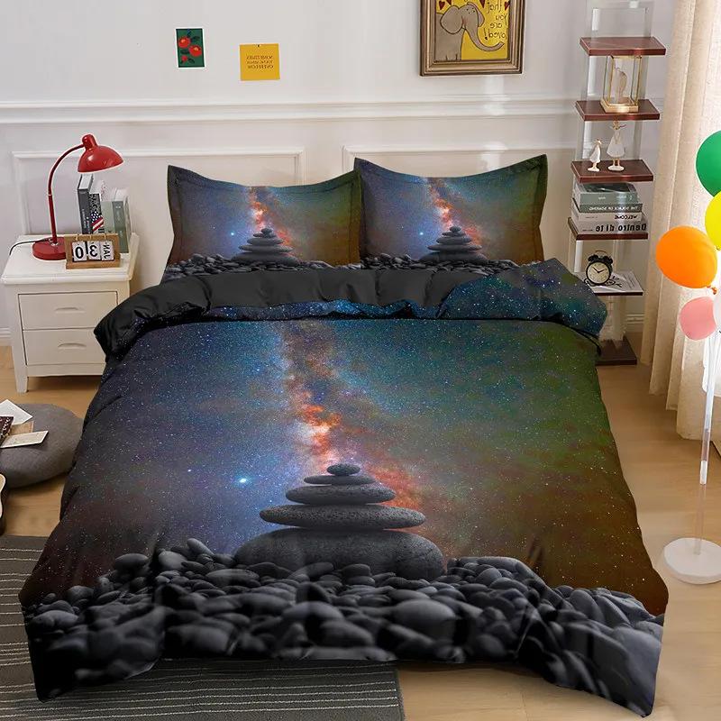 Zen Stone Green Bamboo Duvet Set Three-Piece Set, Natural Landscape Printed Bedding Set