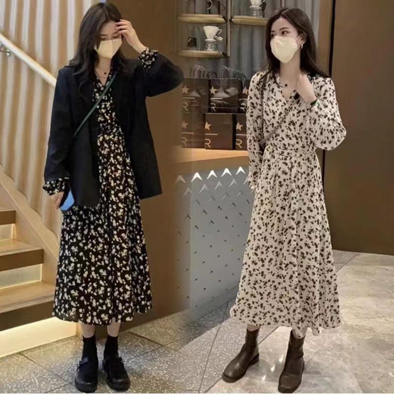 Women's 2024 V-Neck Floral Retro French Tea Break Dress - Autumn/Winter Collection