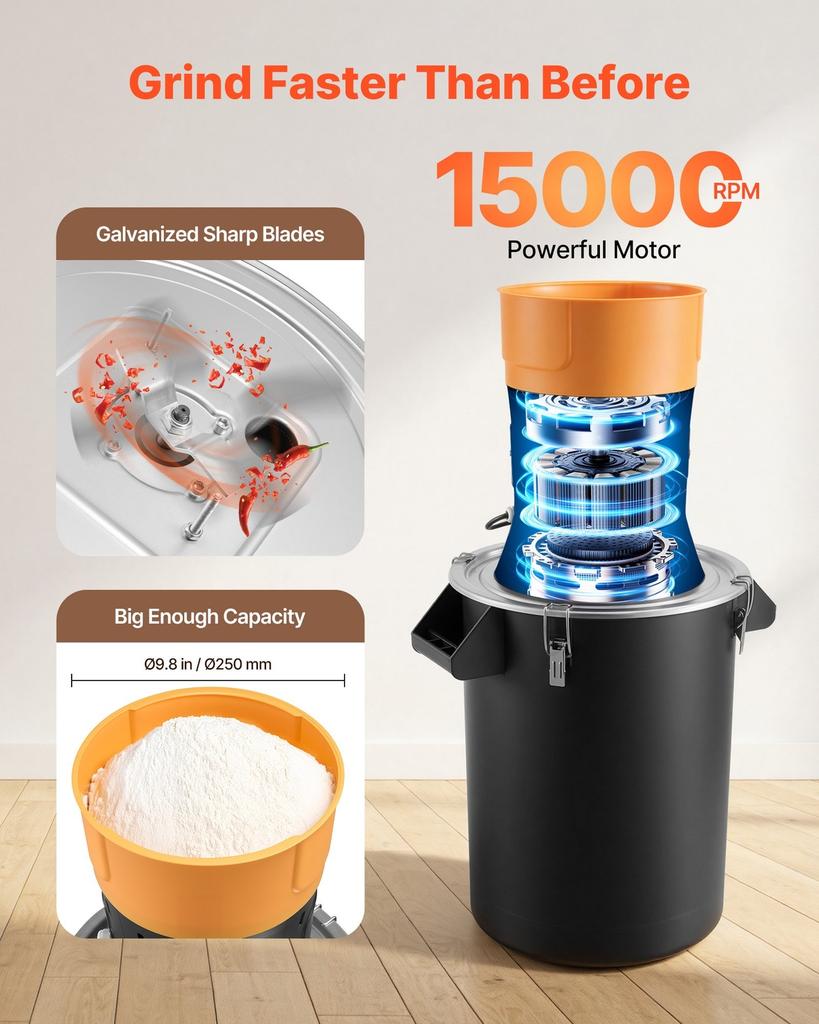 Electric Grain Mill Grinder, 600W High Power Commercial Spice Grinder, 53L Pulverizer Powder Machine with Galvanized Sharp Blades, for Dry Grains,