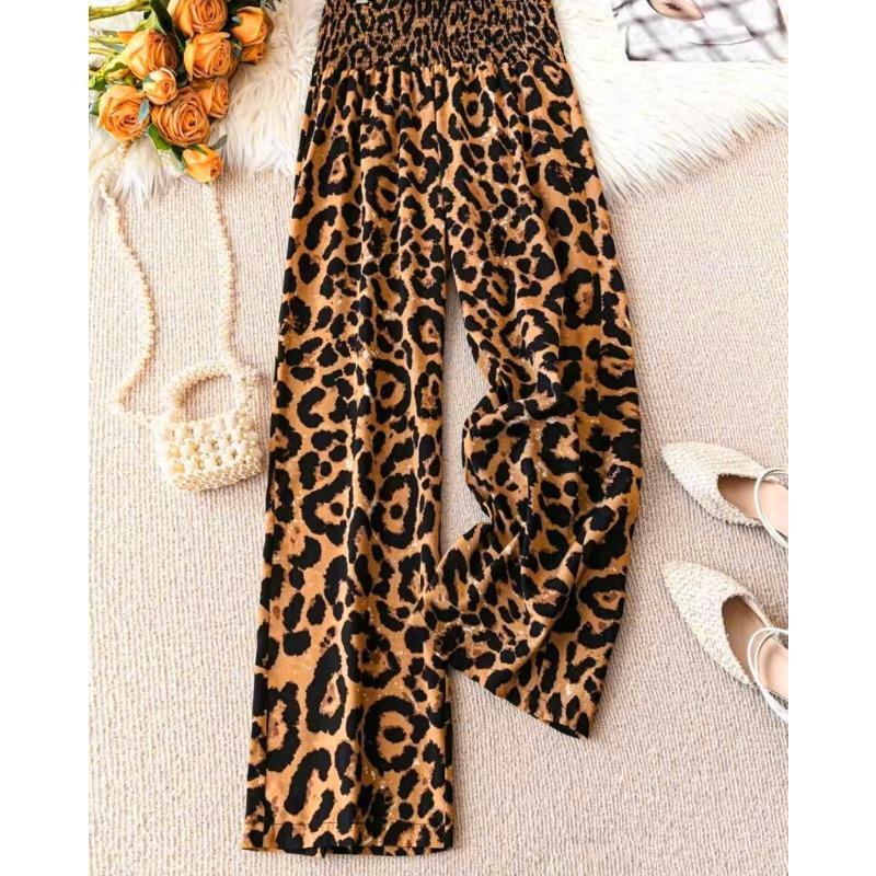 JKASHDK Dámské módní ležérní kalhoty s leopardím potiskem a vysokým pasem, kalhoty a capri