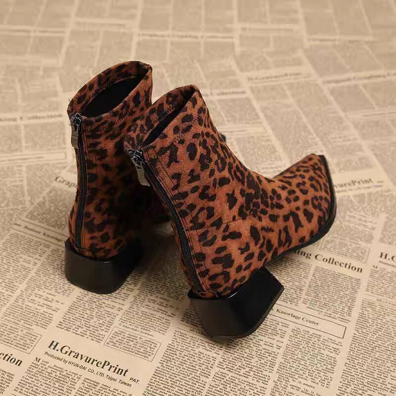 Fashion Autumn Leopard SuedeWomen Ankle Boots Thick Heels Pointed Toe Shoes Modern Short Botas Para Mujer