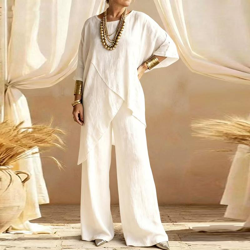 Summer Half Sleeve Irregular T Shirt Loose Wide Leg Pants Suit Women Casual Two Piece Set Cotton Linen Outfits
