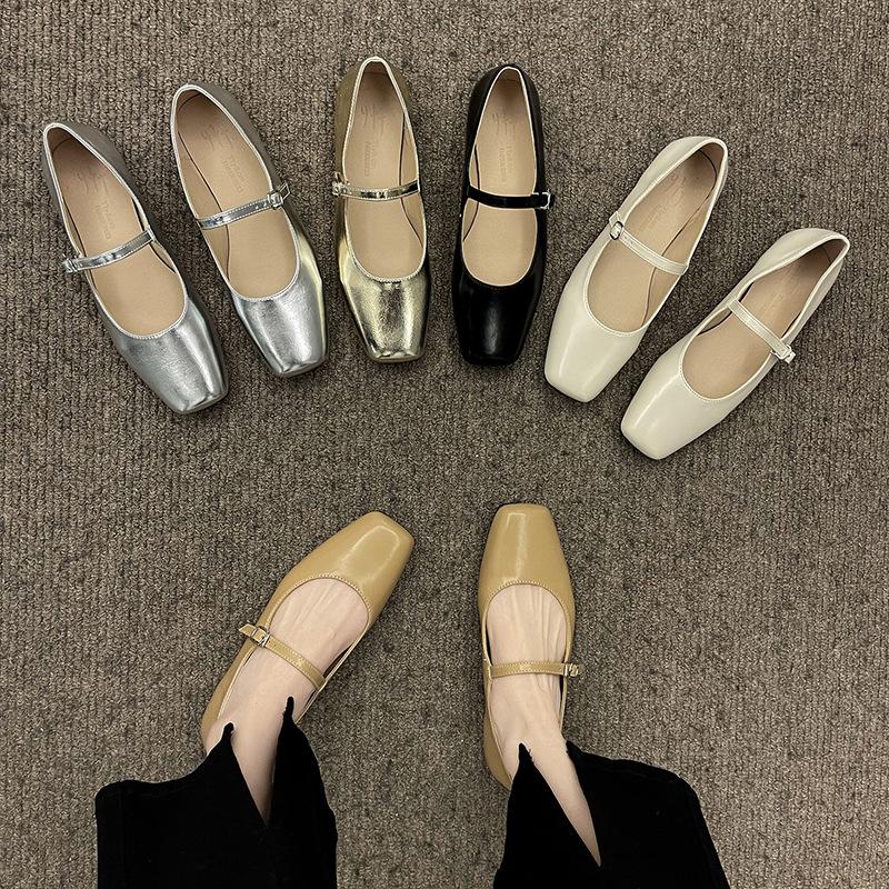 Square Head Single Shoes Women's Spring 2025 New Fashion Versatile Silver Retro Internet Celebrity Shallow Mouth Flat Mary Jane Shoes