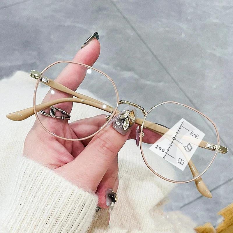 Modische Damen Stilvolle Multifokale Lesebrille Herren Ultraleichter Runder Rahmen Progressive Alterssichtigkeit Unisex Modebrille 0+1.0+4.0