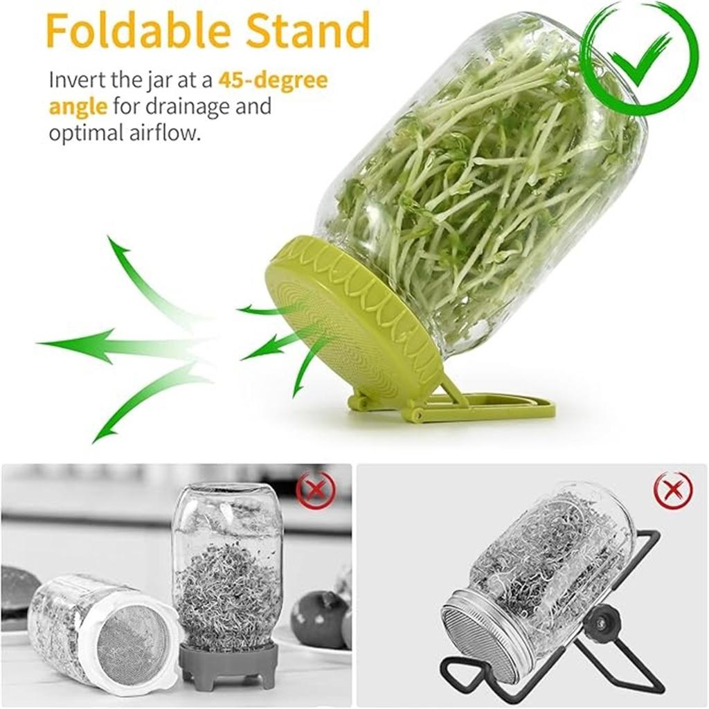 Seed Sprouting Kit with Wide Mouth Lid & Stand – Plastic Jar Lid Set for Home Sprout Growing and Hydroponic Planting