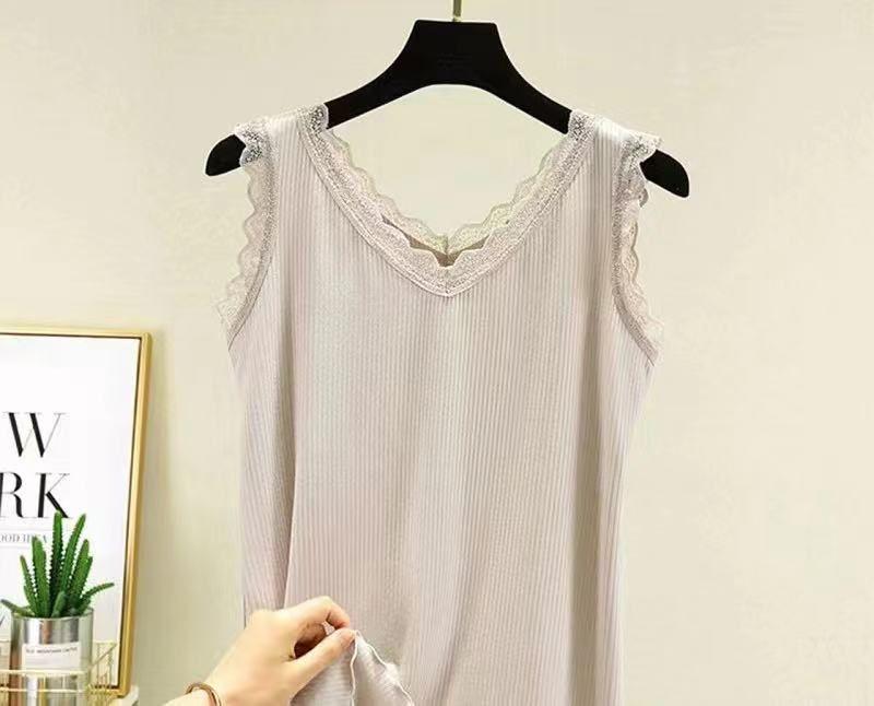 Women's Summer Lace Trim V-Neck Ribbed Tank Top - Ice Silk Sleeveless Base Layer, Plus Size