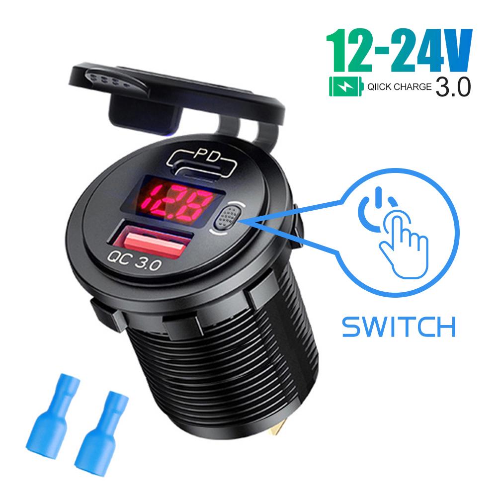 12V/24V Car Charger Socket with ON/Off Switch Voltage Display  45W PD USB QC 3.0 Fast Charger for Car Truck Boat RV Motorcycle