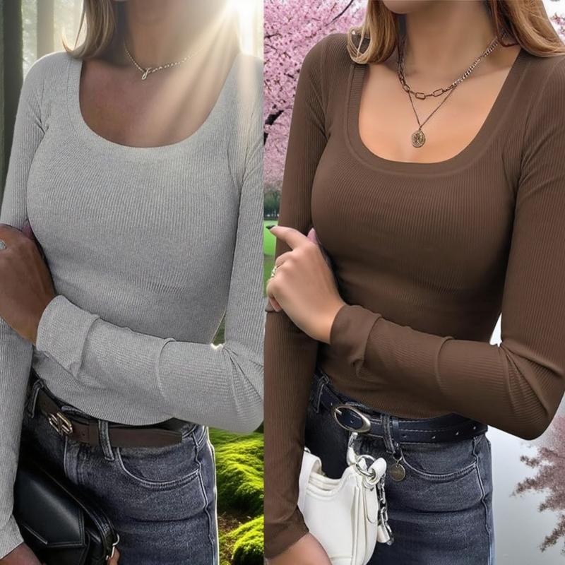 Womens Long Sleeve Shirt Square Neck Tops Ribbed Knit Basic Tee Top Teen Girls Fall Outfits Fashion Clothes 2026
