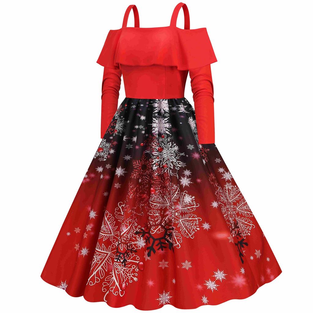 Kvinners Ruffle Langermet Stroppløs Skjøting Juletrykt Big Hem Dress