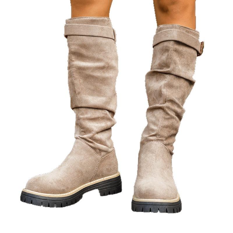 Women's Suede Western Cowboy Boots, Stacked Foldable Mid-Calf Riding Boots, Vintage Retro Biker Booties for Women