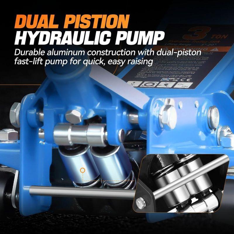 

3 Ton Capacity Low Profile Steel Hydraulic Car Jack with Dual Pistons, Quick Lift Pump, 3-20 Lifting Range, Blue