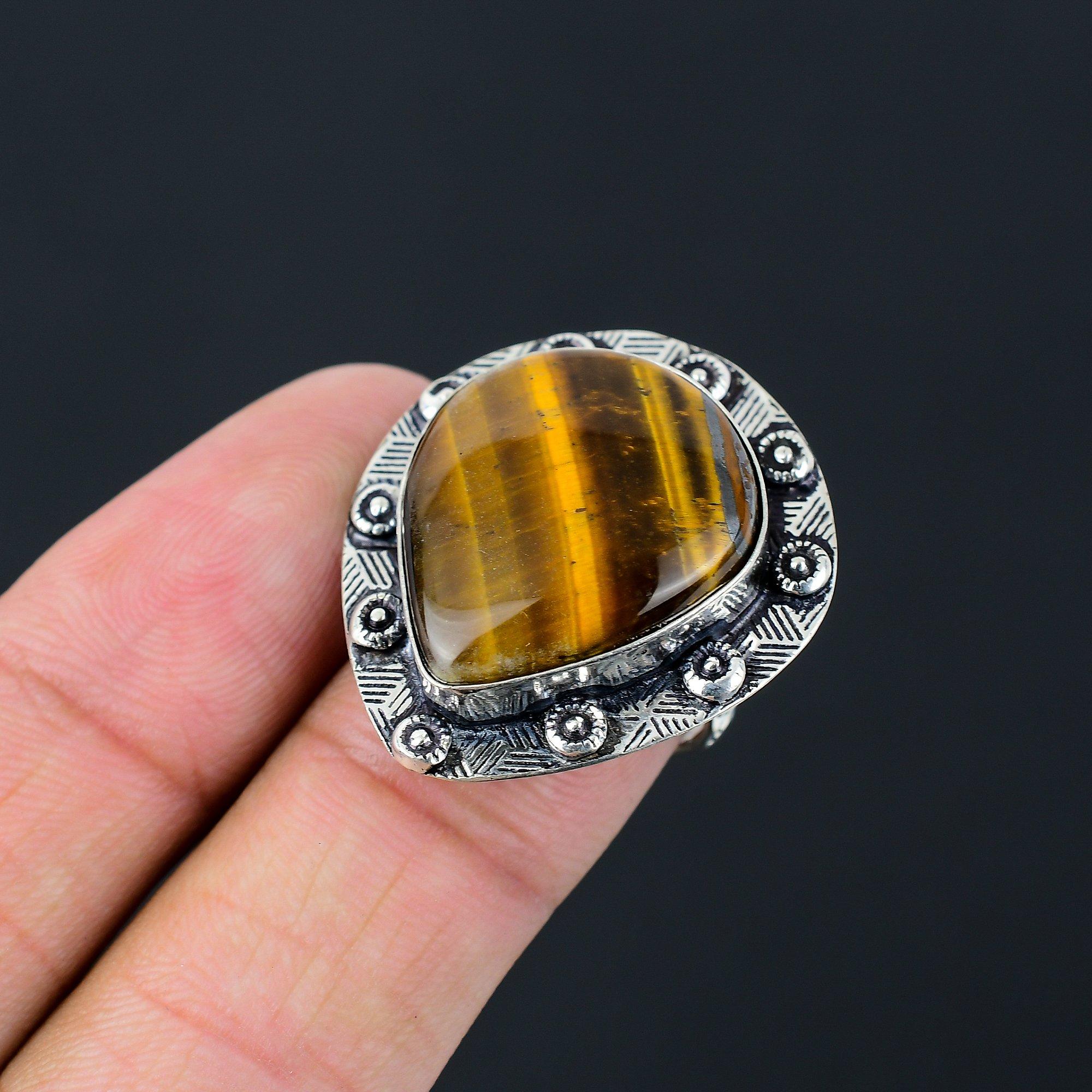 Daughters Day Sale Iron Tiger Eye Stone Birthday Solitaire Ring 925 Silver US 7 7