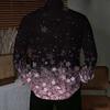 Men Collared Shirt Black Gradient Pink Cherry Blossom Star Print Long Sleeve Button Down Top