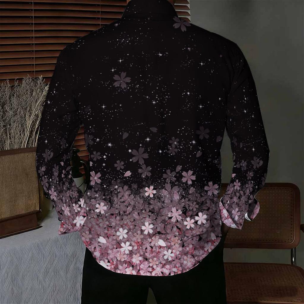 Men Collared Shirt Black Gradient Pink Cherry Blossom Star Print Long Sleeve Button Down Top
