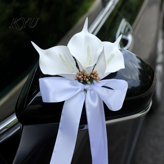 Rearview Mirror Ribbon Bows Calla Lily Wedding Car Door Handle Decorative Flower, White Artificial Flower Bouquet Elegant Gold Bead Satin Streamers