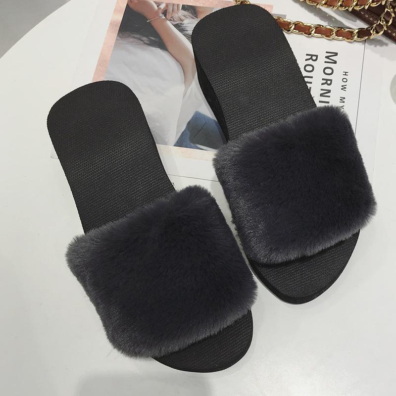Korean Women's Thick-Soled Fur Slippers: Stylish and Casual, with Wedge Heel, Single-Strap Cotton Design