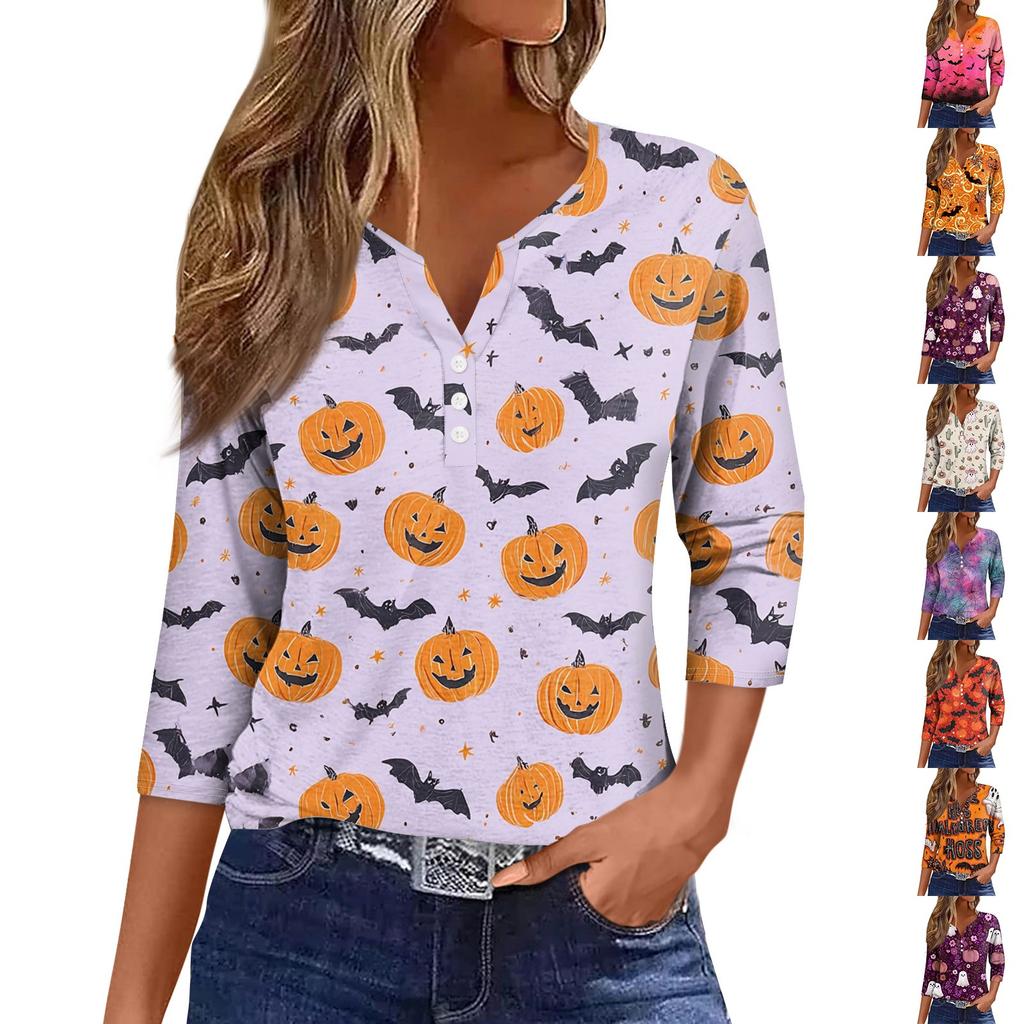 Women's V-Neck Button Halloween Three-quarter Sleeve T-Shirt Top