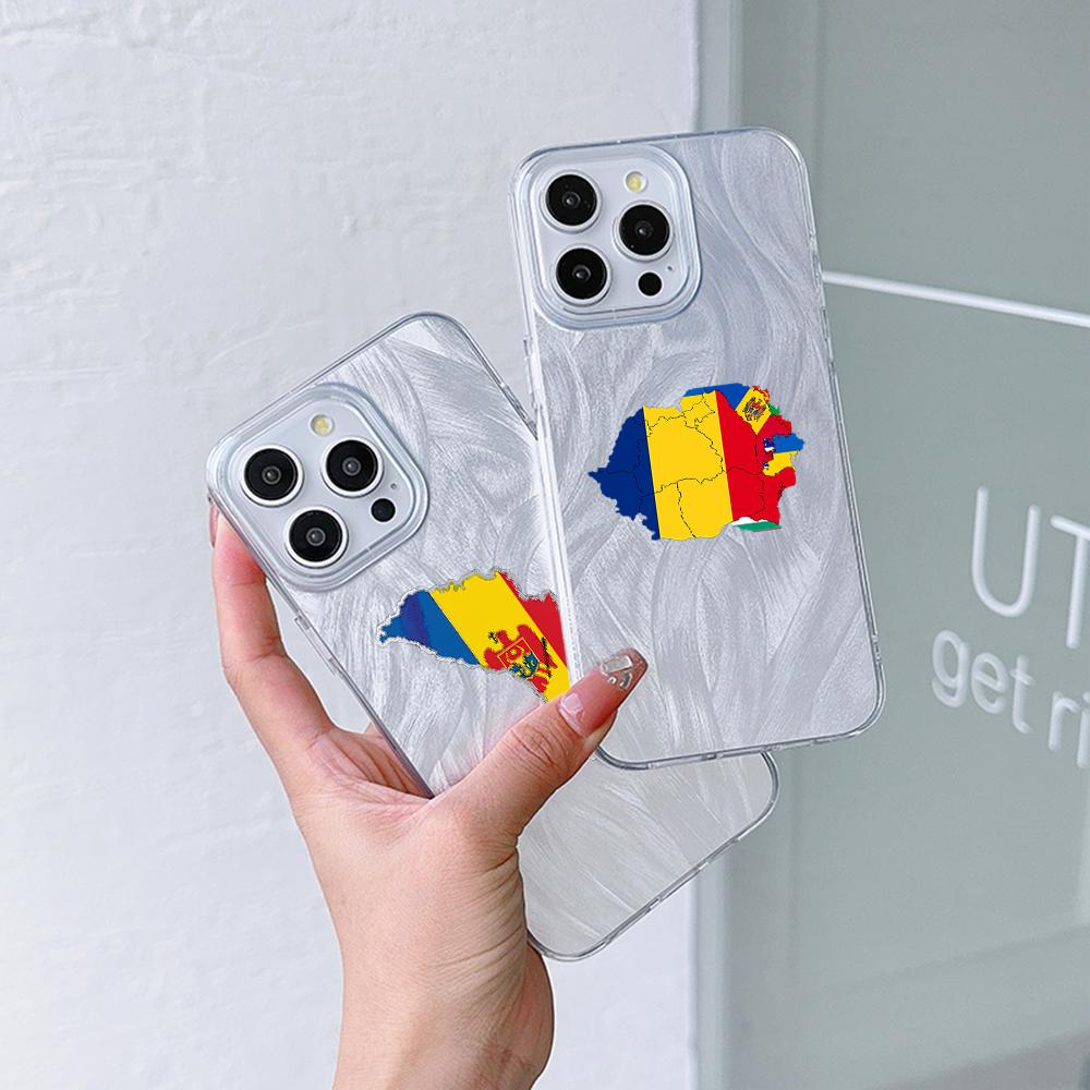 N91 Moldova Flag Art Clear Frame Case for Samsung S25 Ultra A55 iPhone 16 15 Pro Max Xiaomi Redmi Note 13 Feather Chiffon Texture Silver Plated Cover
