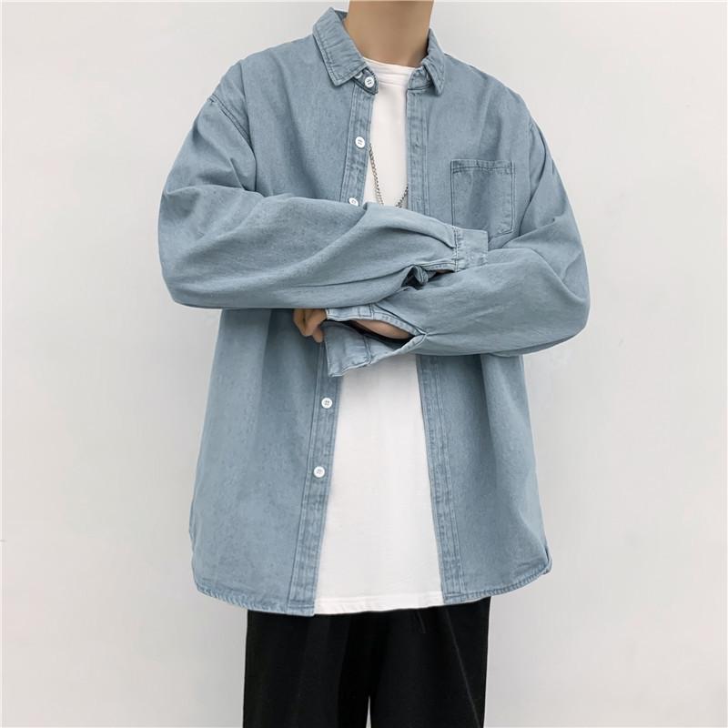 

Мужская повседневная джинсовая рубашка Yemi Fashion Harajuku - длинный рукав, свободный крой, куртка в осеннем стиле M светло-синий