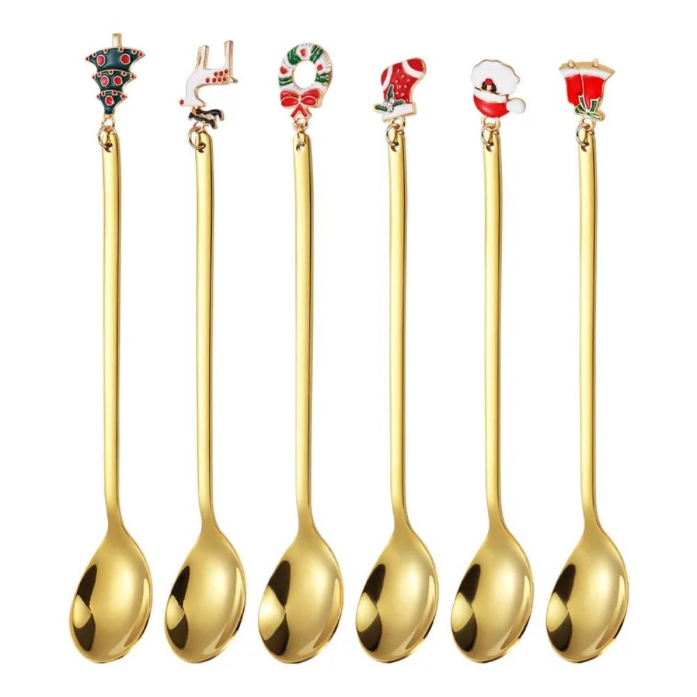 6PCS Christmas Spoons Coffee Cutlery Set Stainless Steel Cutlery Set Dessert Spoon Forks Christmas Gifts Elk Christmas Decoratio