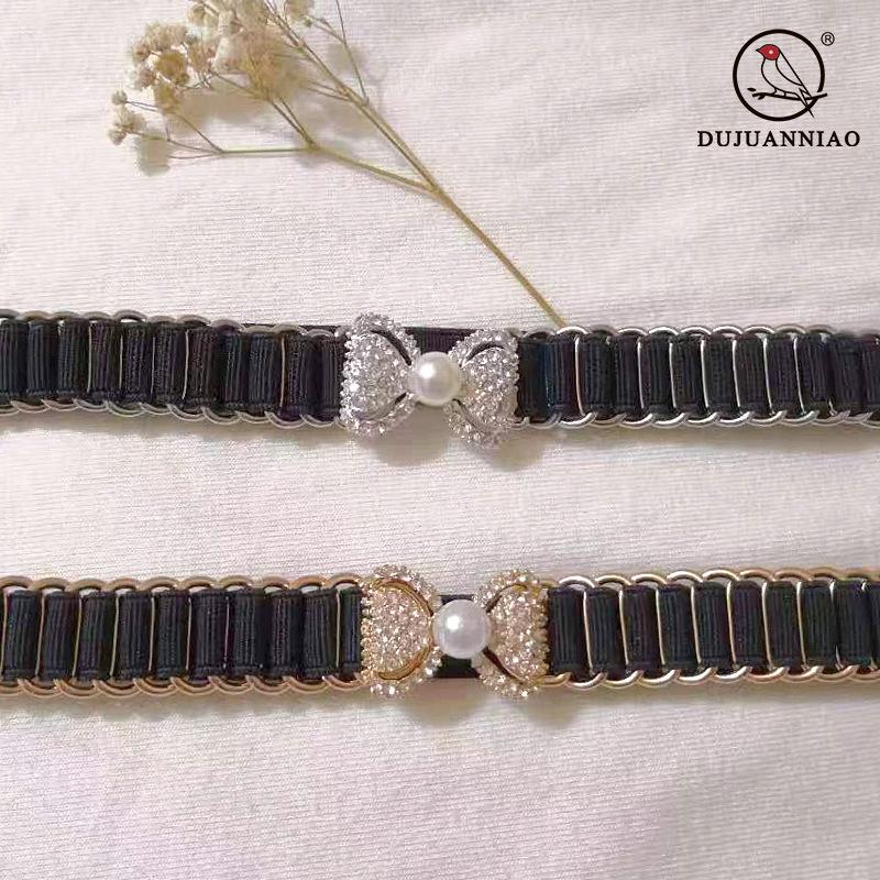 Black Elastic Waist Chain Women'S Pearl Diamond Bow Belt With Dress Women'S Buckle Waist Jewelry