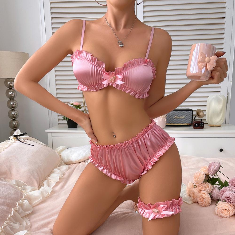 

Европейский и американский сексуальный эластичный атласный комплект нижнего белья - Удобная, стильная домашняя одежда для женщин в европейских размерах Large розовый