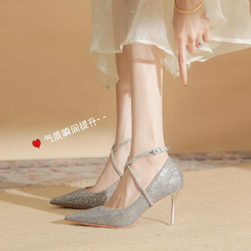 8838 [sheepskin] High-heeled Wedding Shoes Women's Thin Heels 2025 Autumn New Pointed Sequined Rhinestone One-word Strap Shoes