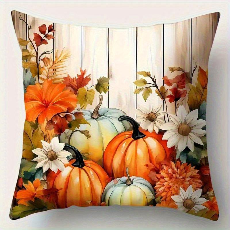 4pcs Autumn Thanksgiving Pillow Covers - Pumpkin Floral Print with Sunflowers, Daisies & Fall Leaves, Soft Square Cushion Covers with Zipper Closure,