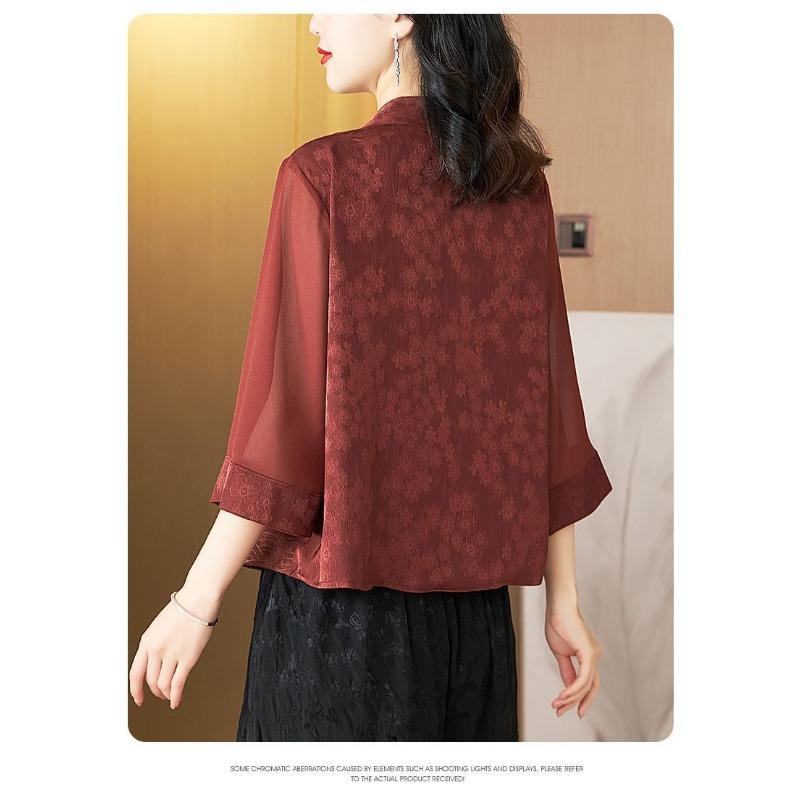 Chinesisches besticktes Hemd Damen Lockerer Mantel Dreiviertel Top Pflanzenblumen Mode Elegant Top