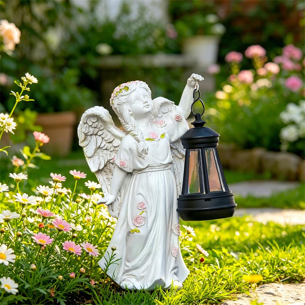 Outdoor Garden Angel Statue with Lantern Solar Powered Resin Craft Decorative Sculpture for Yard Patio Lawn Home Accent