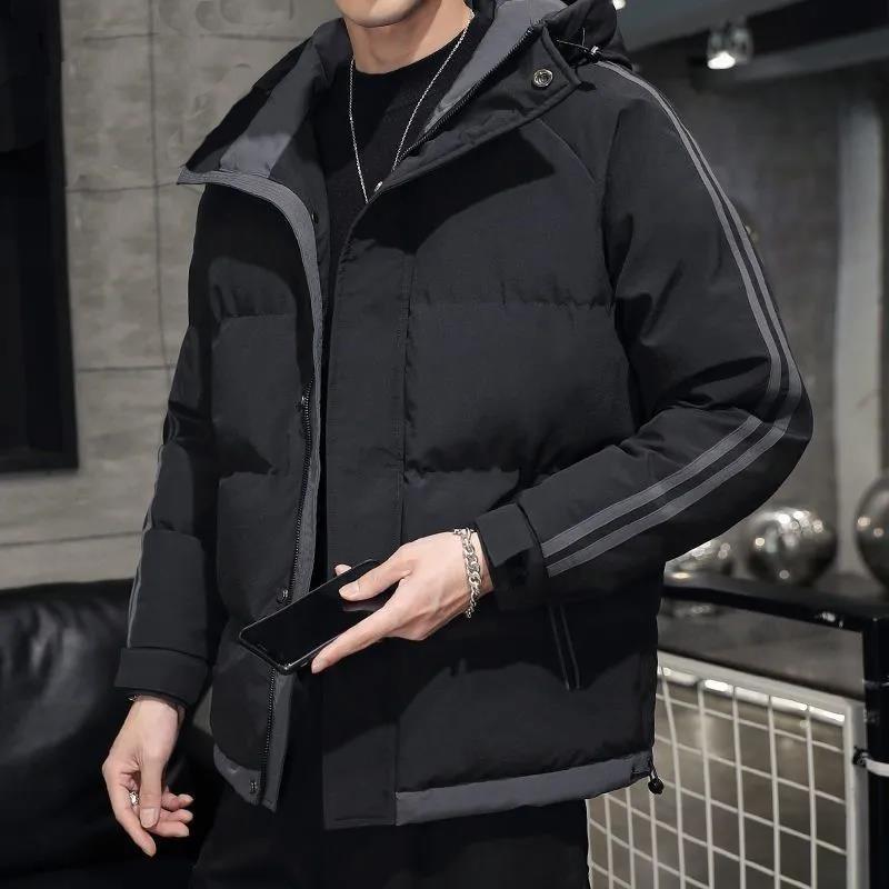 Herrhuva Dunjacka Normal Vinter Plus Sammet Tjock Varm Bomullsjacka Herr Lös Casual Topp Broderi Ränder Allmatch Dragkedja Knäppning Kappa