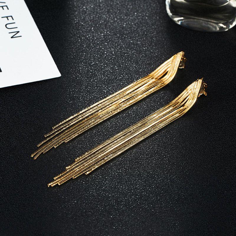 

Silver Needle Tassel Earrings European and American Stars Non-Pierced Padded Ear Clips [Gold]
