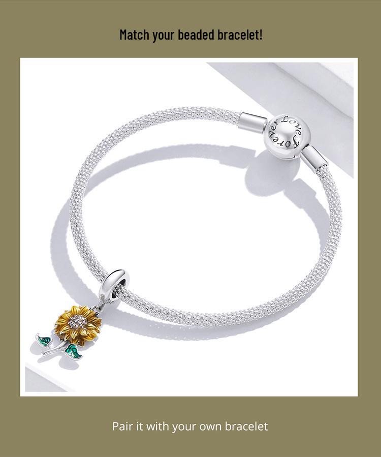 Sunflower S925 Silver Bracelet Pendant, Shining Sunflower DIY Beaded Accessories SCC2079