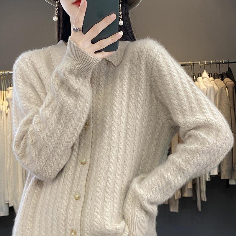 Women's Slim Cable Knit Cardigan with Cashmere Collar - Versatile Autumn/Winter Style