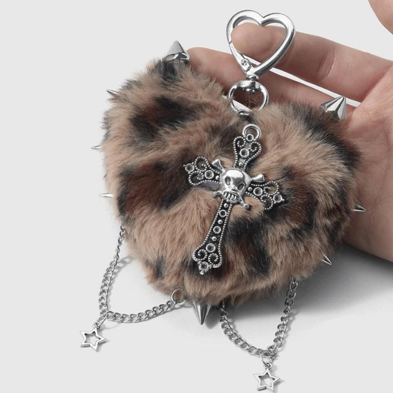 Punk Jewelry Leopard Print Rivet Cross Keychain Goth Cool Grunge Rock Plush Heart Bag Pendant Decoration Accessories Gift
