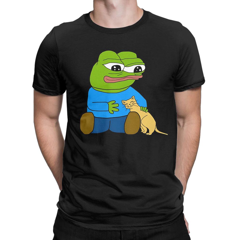 Men T-Shirt Pepes With Cat Novelty Cotton Tee Shirt Short Sleeve  T Shirts Crew Neck Clothing Printing